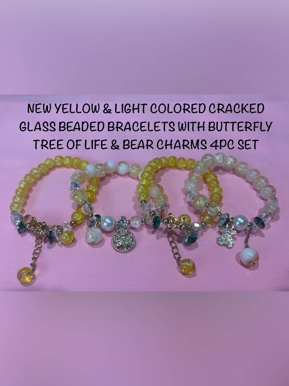 Yellow Cracked & Light Color Beaded Bracelets w/Butterfly Bear & Tree of Life 4p